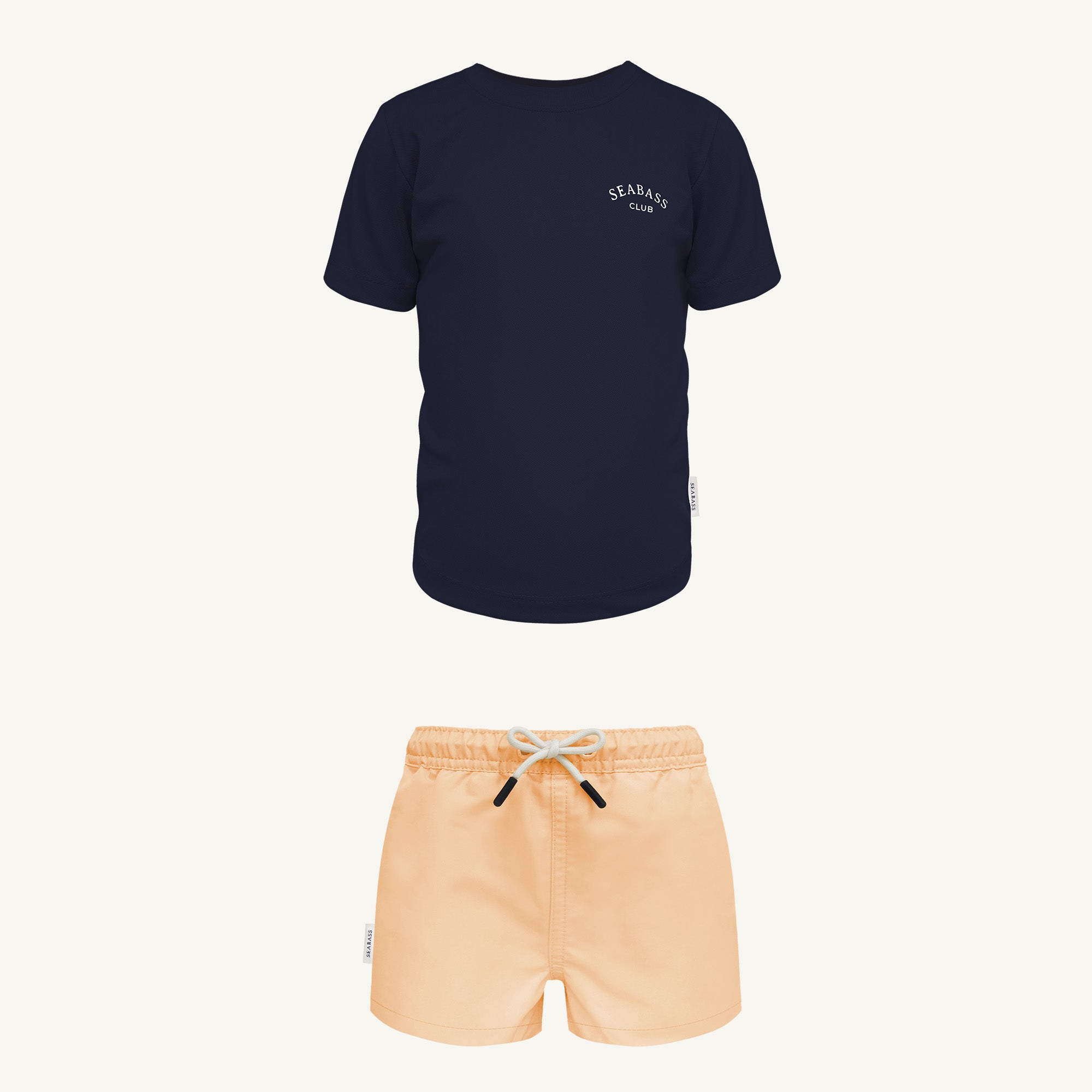 Conjunto de baño UV - Bañador Cantaloupe y Camiseta Azul Marino